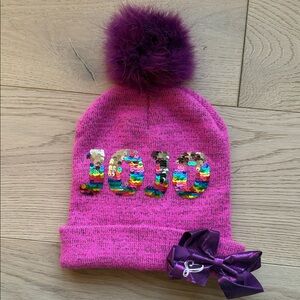 JOJO Siwa Kids Pink Hat with Purple Pom and Sequin Design